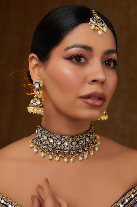 Gold Finish Kundan Polki & Pearl Choker Necklace Set