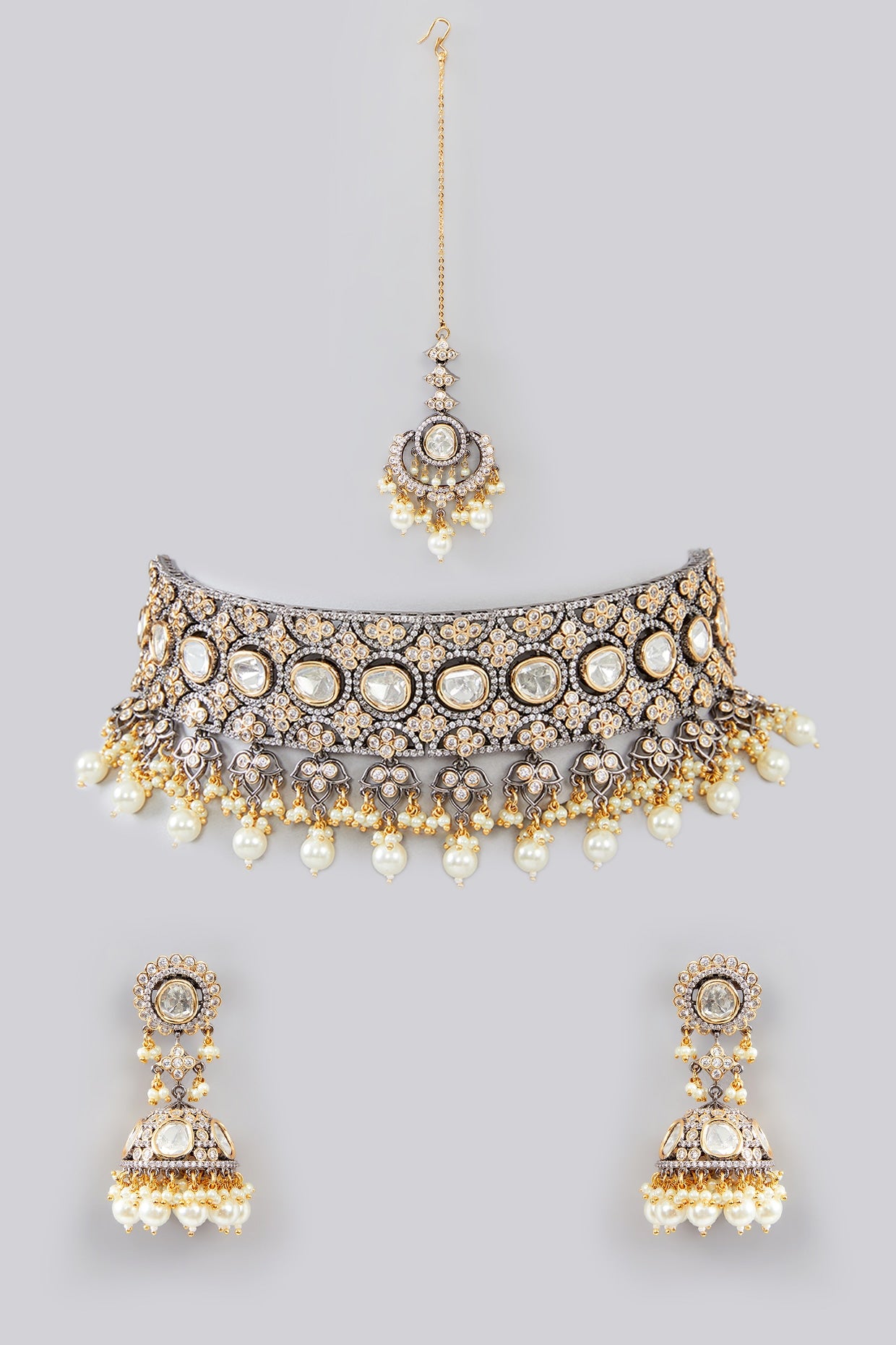 Gold Finish Kundan Polki & Pearl Choker Necklace Set