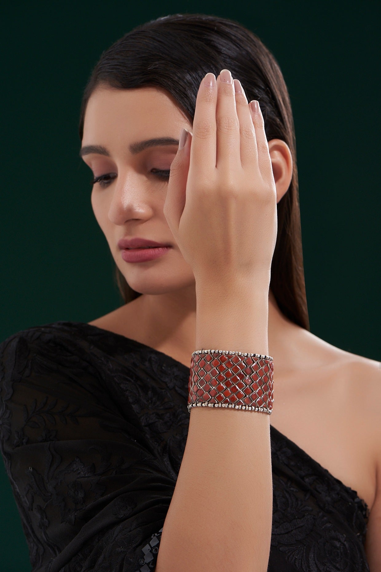 Oxidised Silver Finish Red Stone Bracelet In Sterling Silver