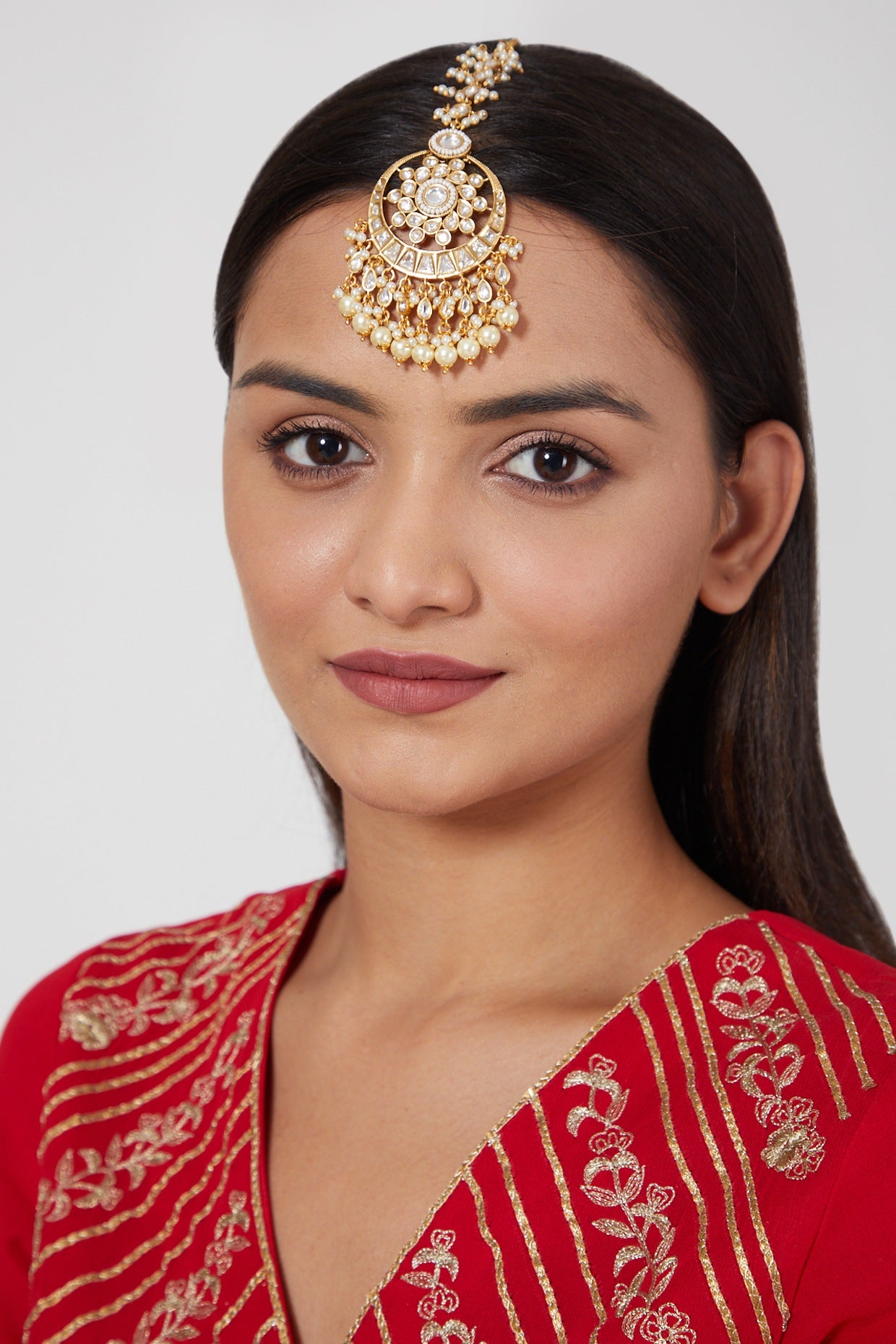 Gold Plated Pearl & Kundan Polki Maang Tikka