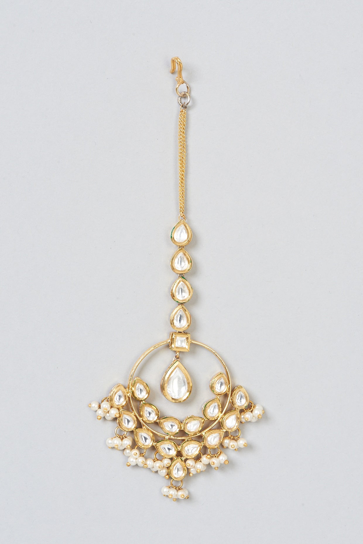 Gold Finish Kundan Polki & Pearl Hanging Maangtikka