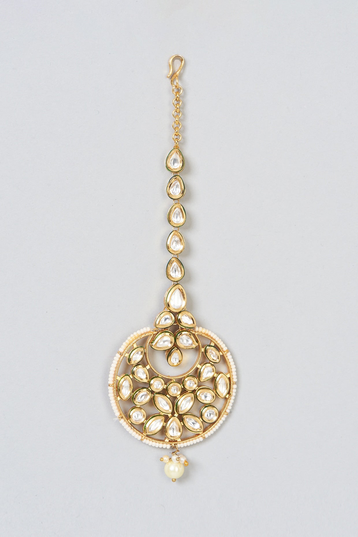 Gold Finish Kundan Polki & Pearl Hanging Maangtikka