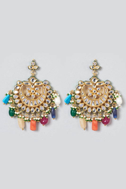 Gold Finish Kundan Polki & Navratna Drop Earrings With Maangtika