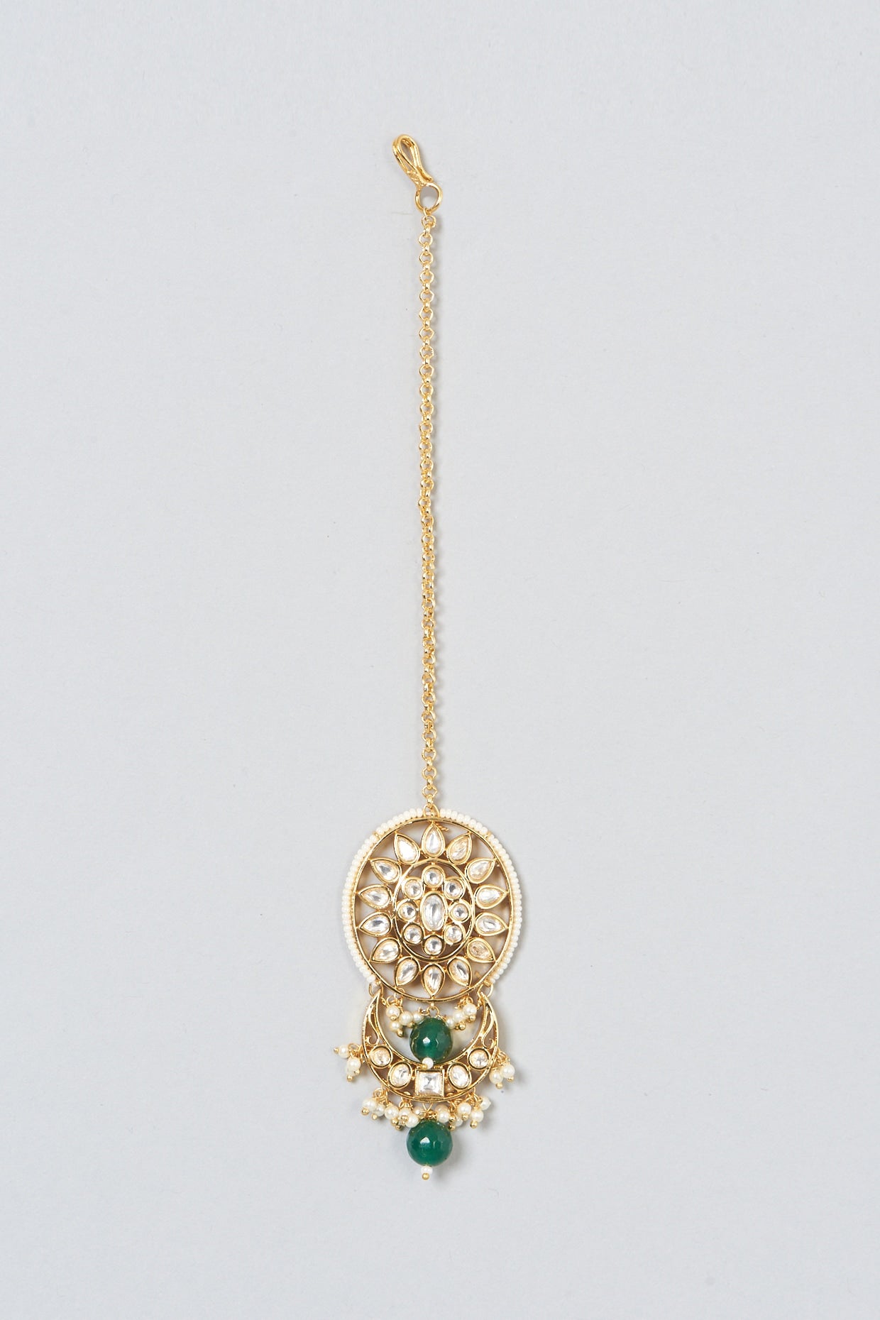 Gold Finish Kundan Polki & Pearl Hanging Maangtikka