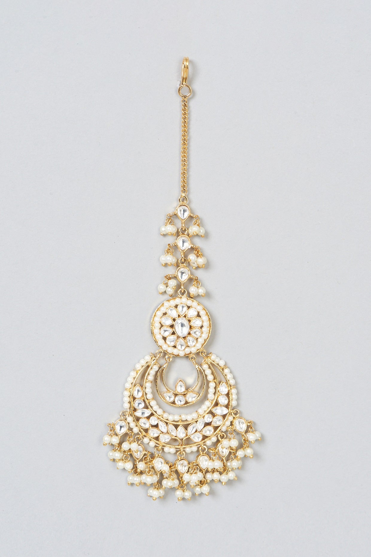 Gold Finish Kundan Polki & Pearl Hanging Maangtikka