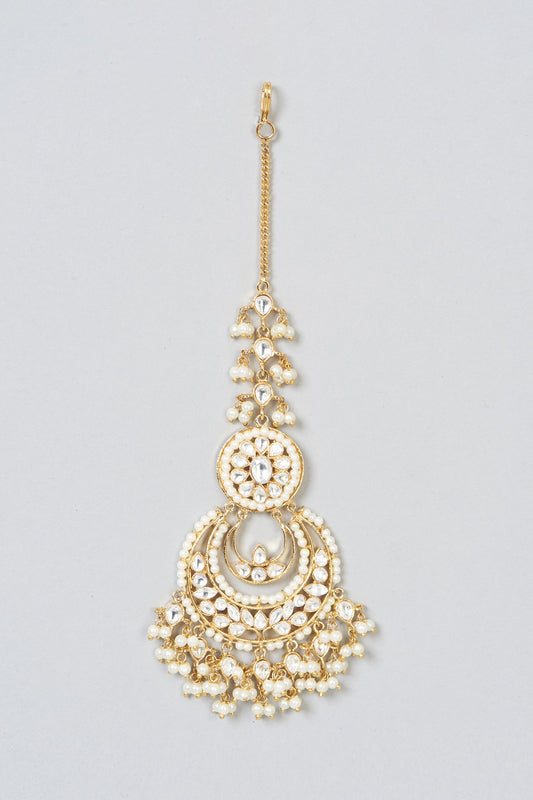 Gold Finish Kundan Polki & Pearl Hanging Maangtikka