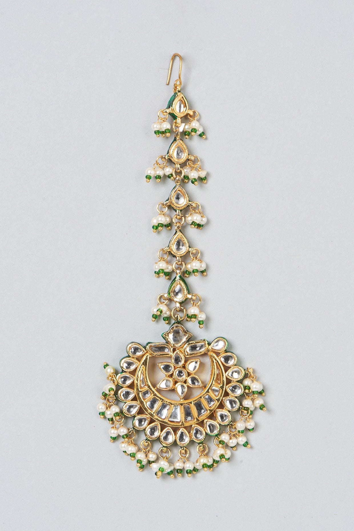 Gold Finish Kundan Polki & Pearl Hanging Maangtikka