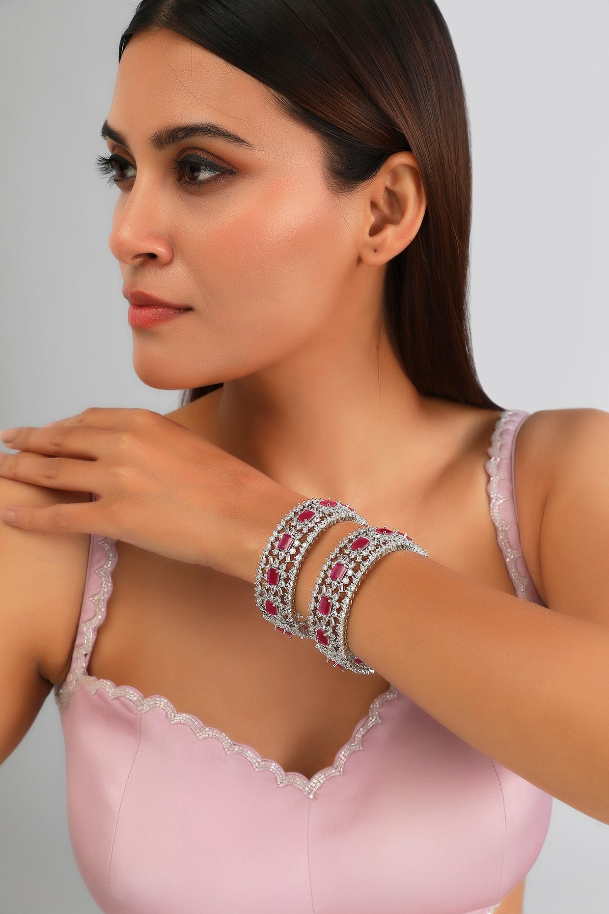 White Finish Diamond & Pink Stone Bangles (Set of 2)