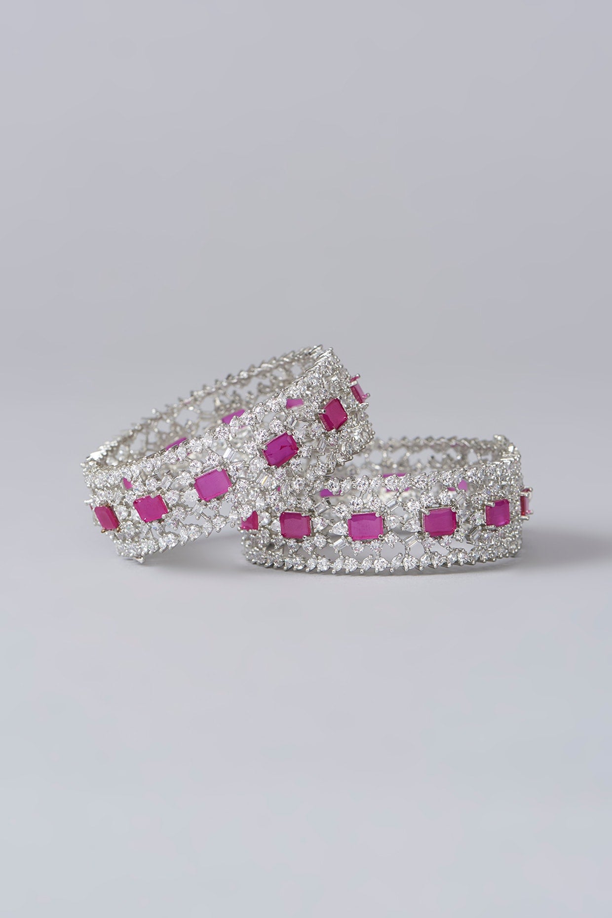 White Finish Diamond & Pink Stone Bangles (Set of 2)