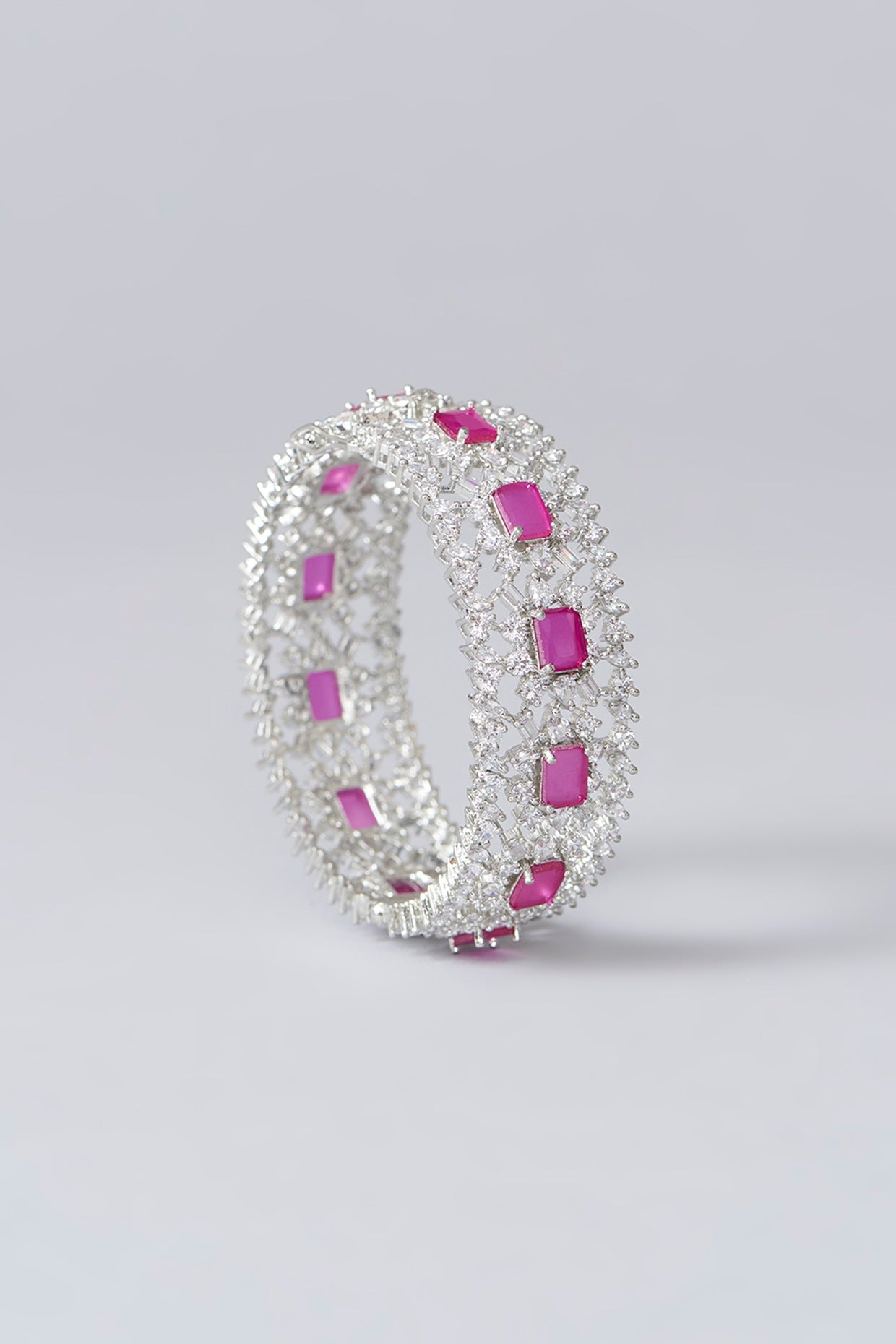 White Finish Diamond & Pink Stone Bangles (Set of 2)