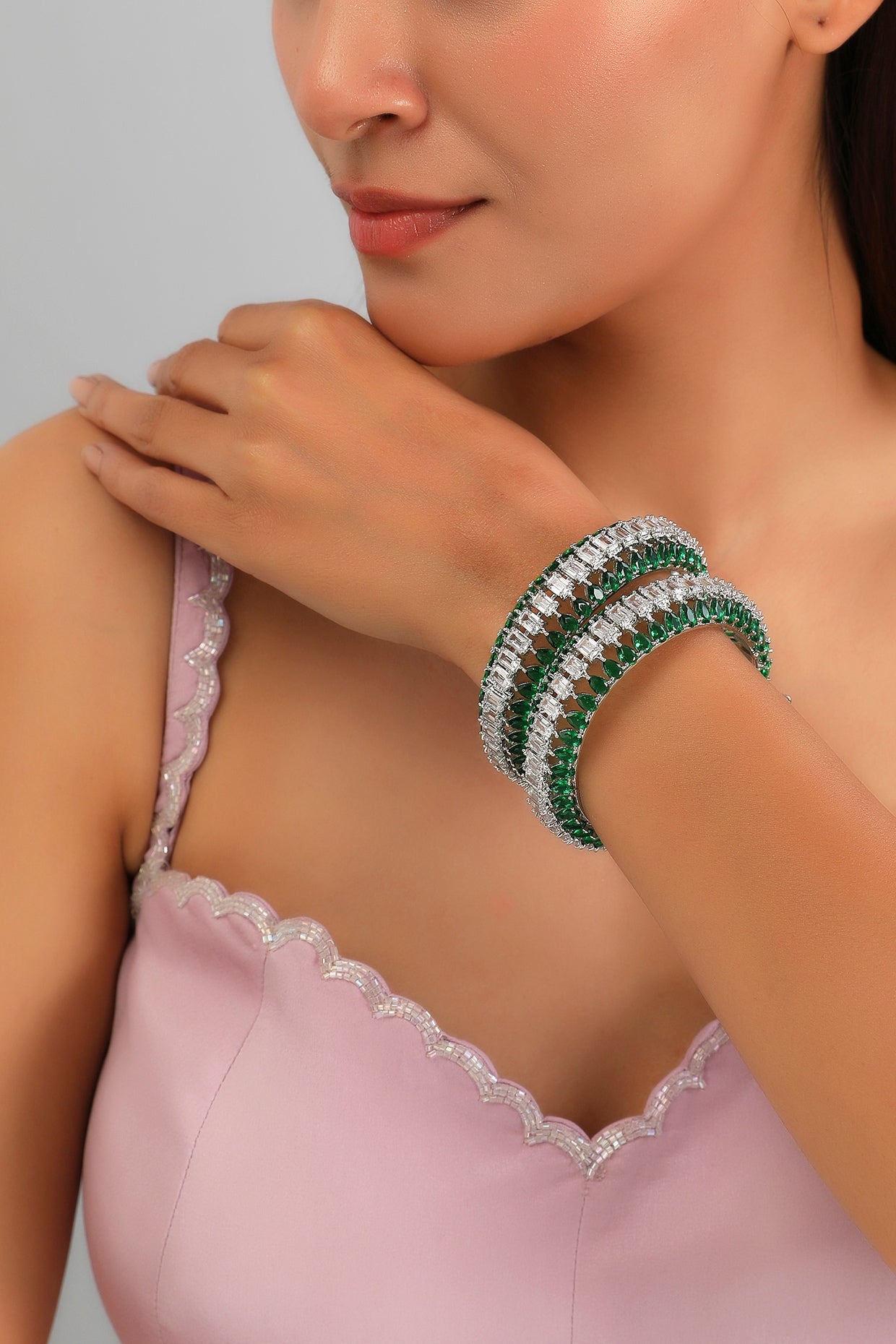 White Finish Diamond & Green Stone Bangles (Set of 2)