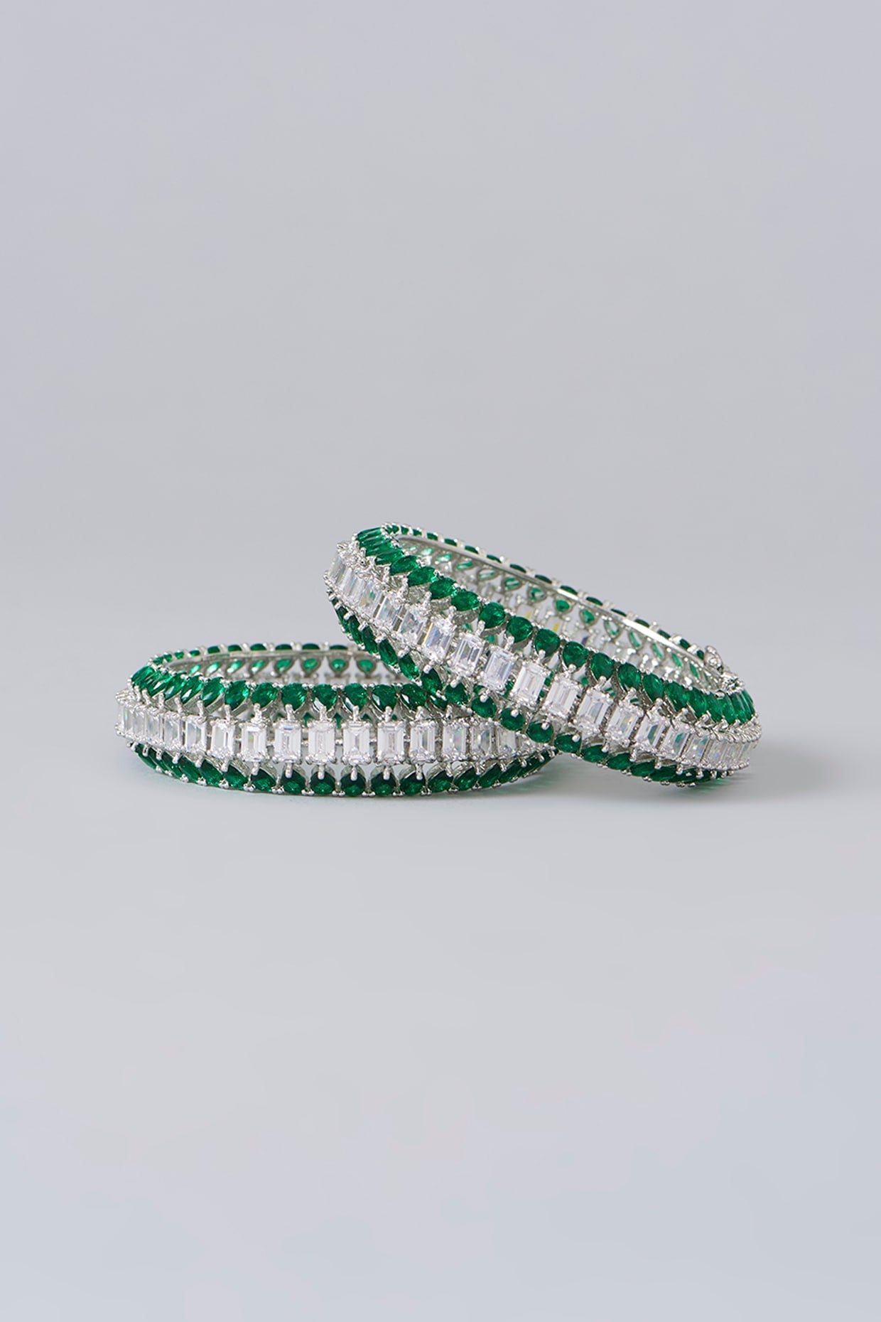 White Finish Diamond & Green Stone Bangles (Set of 2)