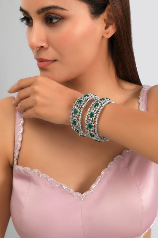 White Finish Diamond & Green Stone Bangles (Set of 2)