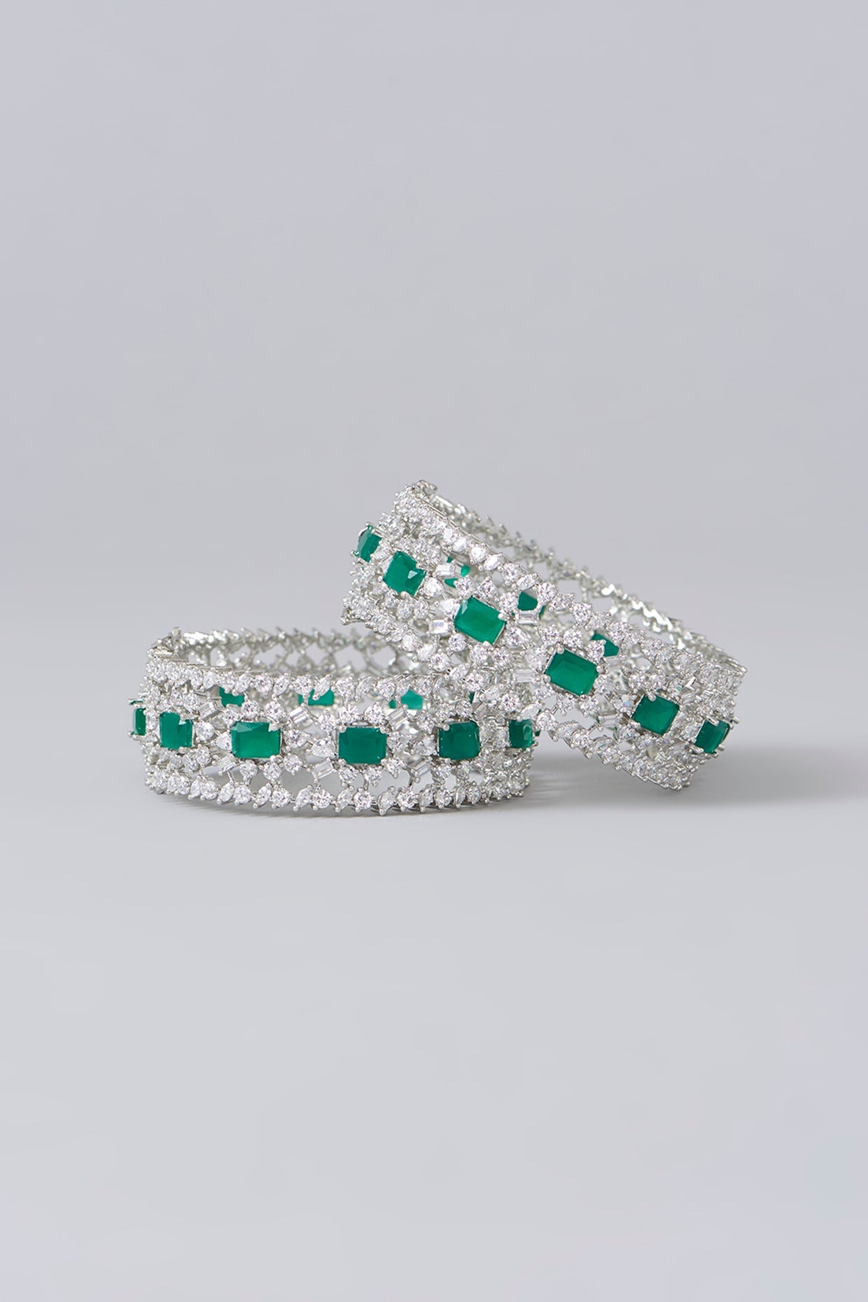 White Finish Diamond & Green Stone Bangles (Set of 2)