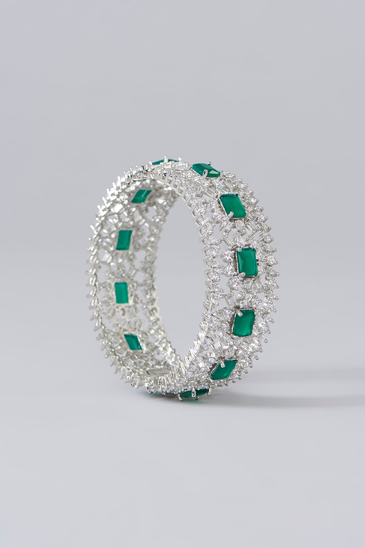 White Finish Diamond & Green Stone Bangles (Set of 2)