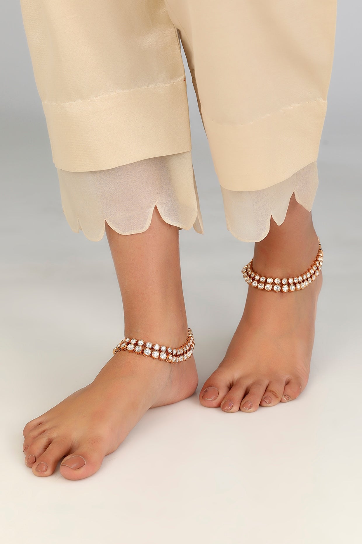 Gold Finish Kundan Polki Anklets (Set Of 2)