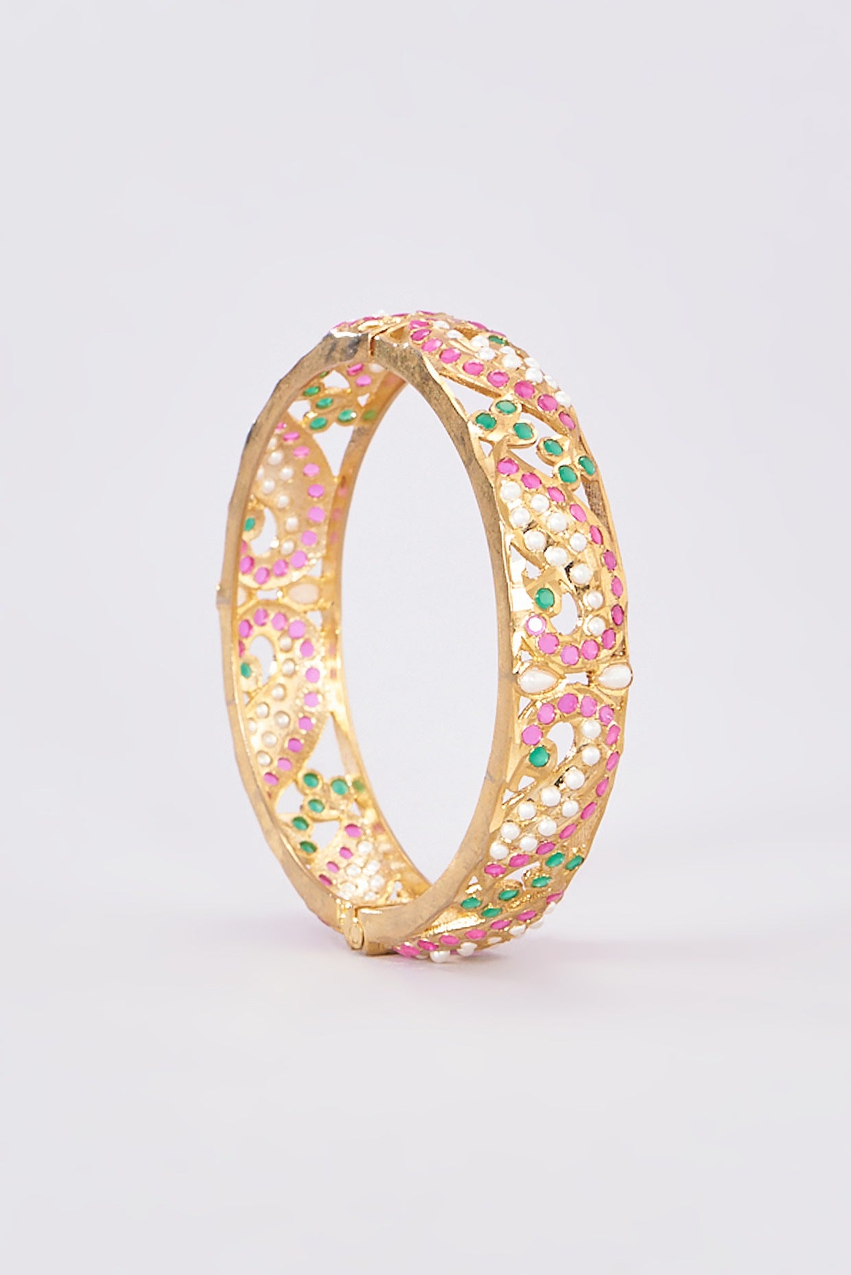 Gold Finish Pink & Green Stone Bangles (Set Of 2)