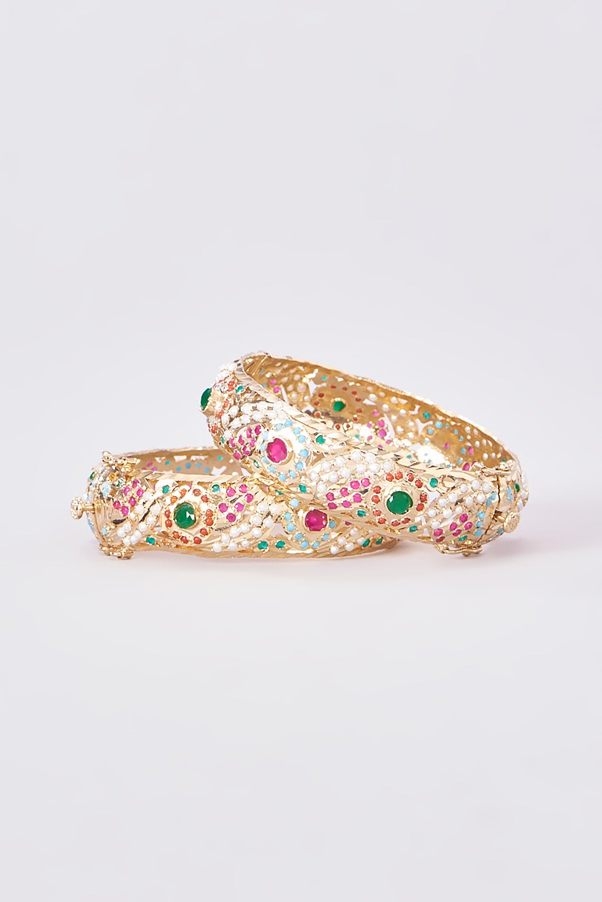 Gold Finish Pink & Green Stone Bangles (Set Of 2)