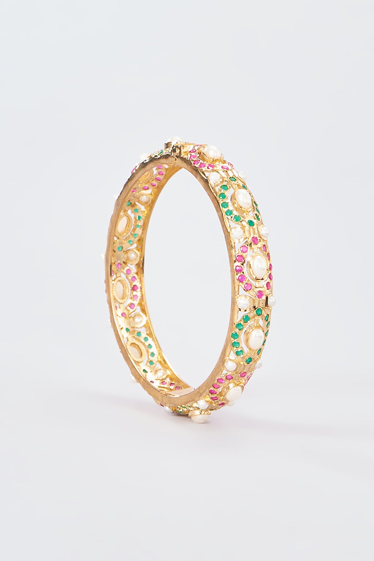 Gold Finish Pink & Green Jadau Stone Bangles (Set Of 2)