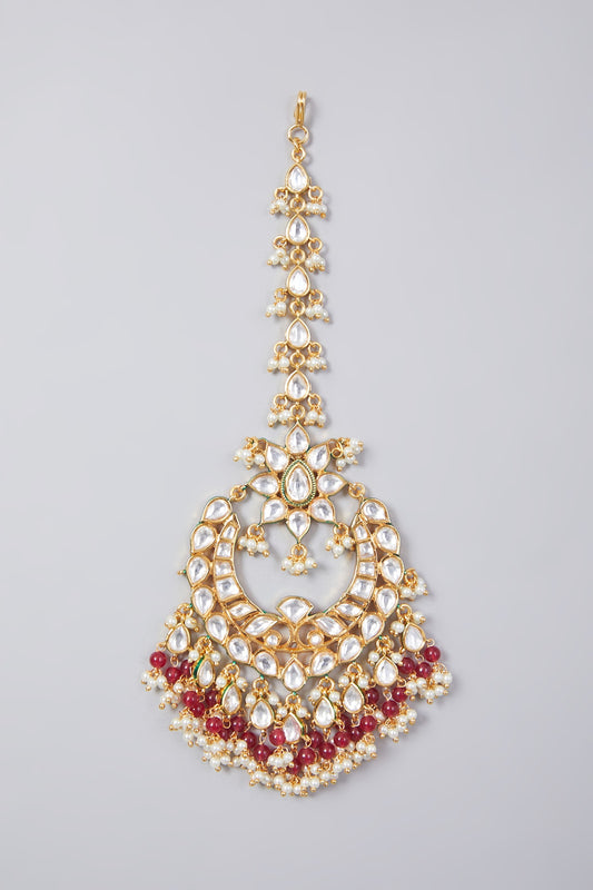 Gold Finish Kundan Polki & Pearl Maang Tikka