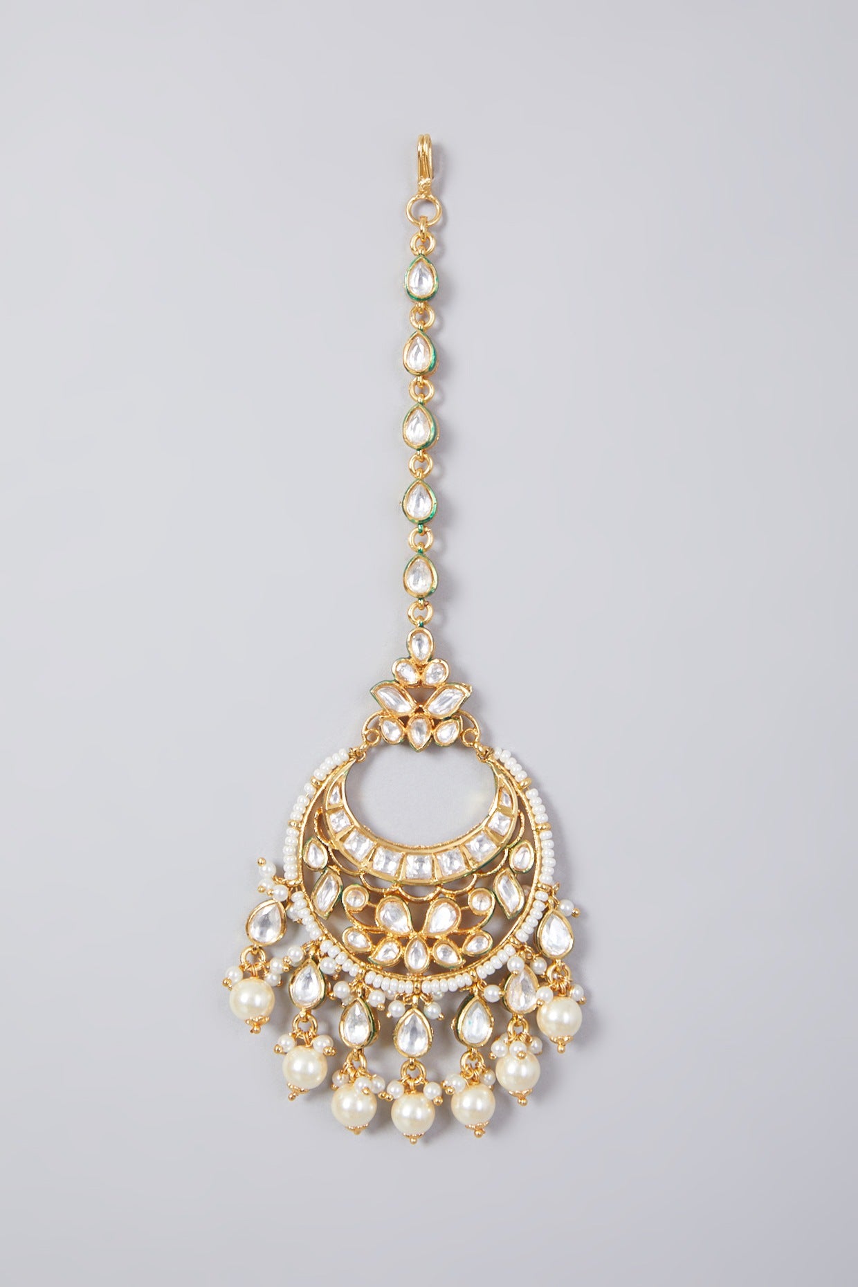 Gold Finish Kundan Polki & Pearl Maang Tikka