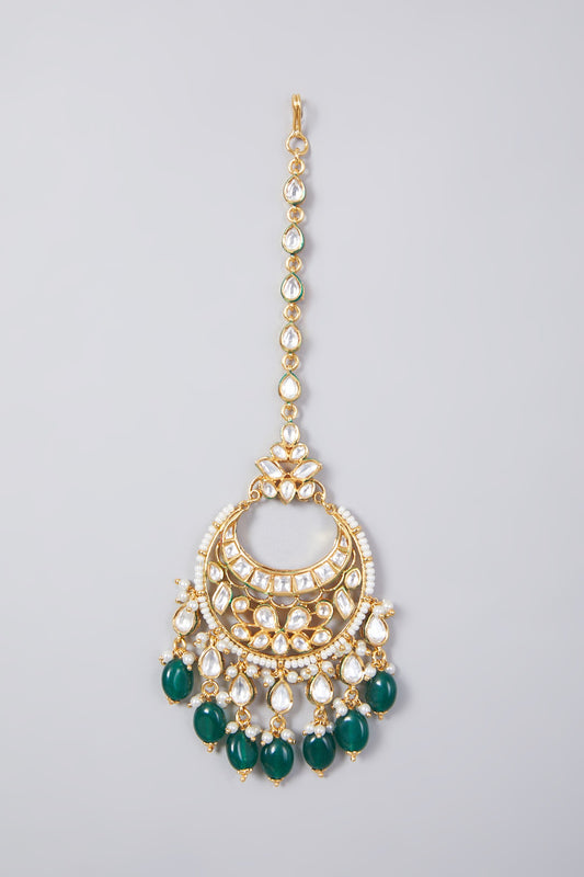 Gold Finish Emerald & Kundan Polki Maang Tikka