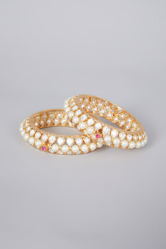 Gold Finish Kundan Polki & Pearl Bangles (Set of 2)