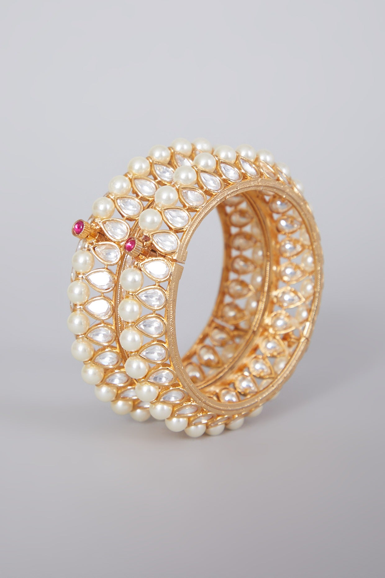 Gold Finish Kundan Polki & Pearl Bangles (Set of 2)