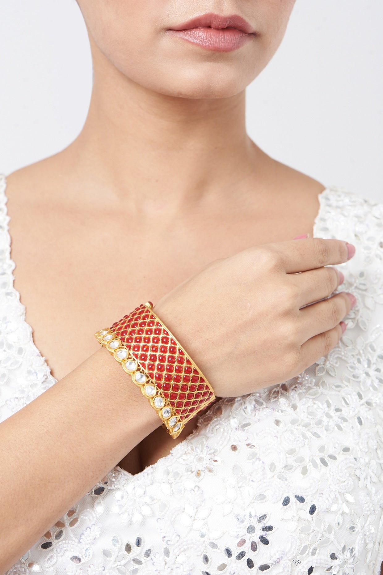 Gold Finish Kundan Polki & Red Stone Cuff