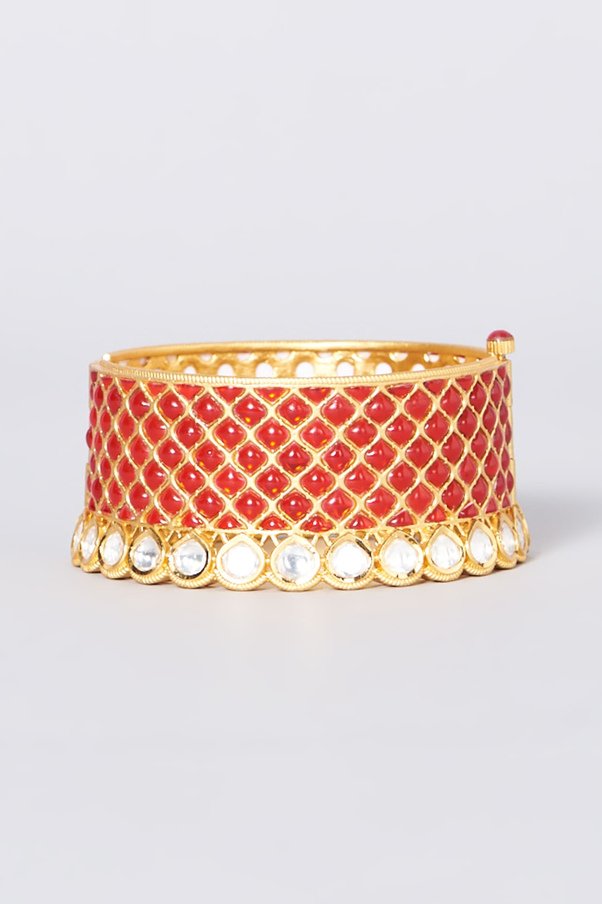 Gold Finish Kundan Polki & Red Stone Cuff