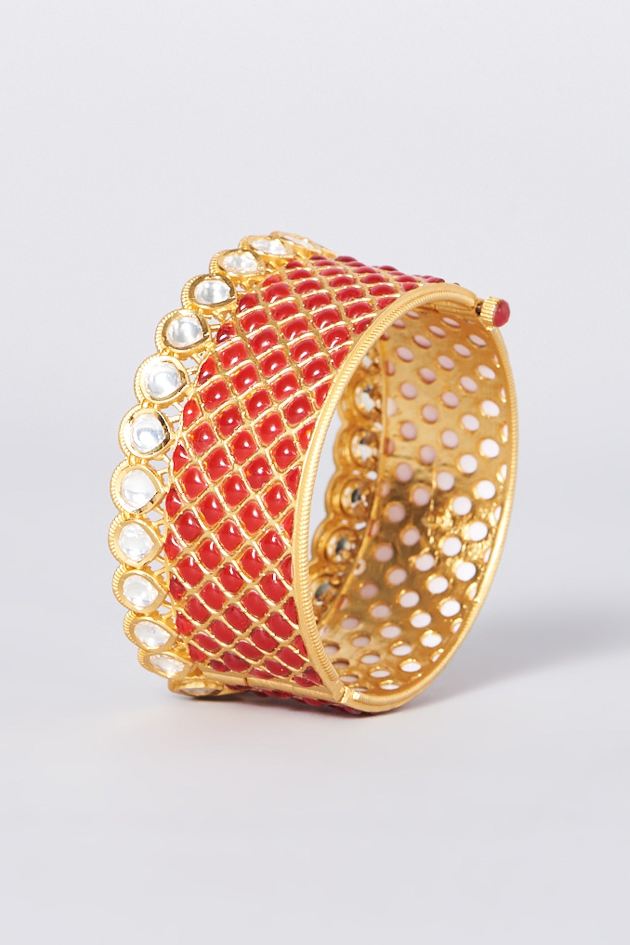 Gold Finish Kundan Polki & Red Stone Cuff