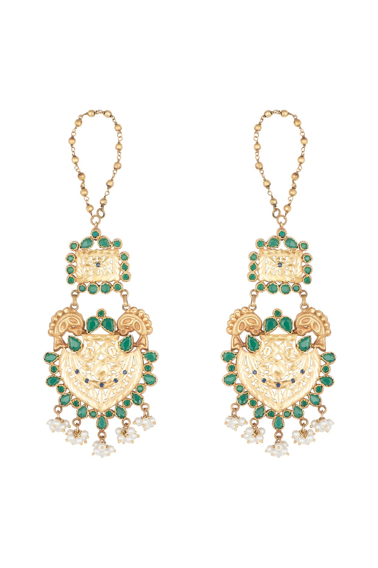 Gold Plated Emerald & Pearl Dangler Earrings In Sterling Silver