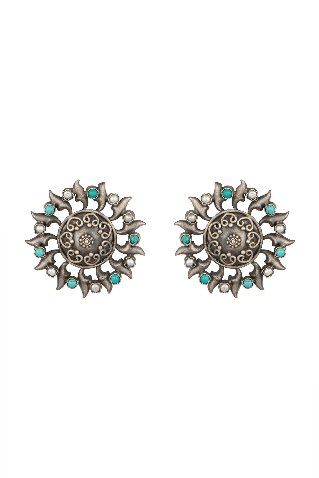 Silver Finish Turquoise Stone & Pearl Stud Earrings In Sterling Silver