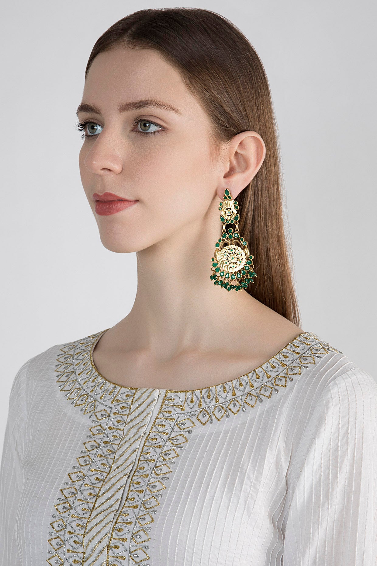 Gold Plated Emerald & Pearl Dangler Earrings In Sterling Silver