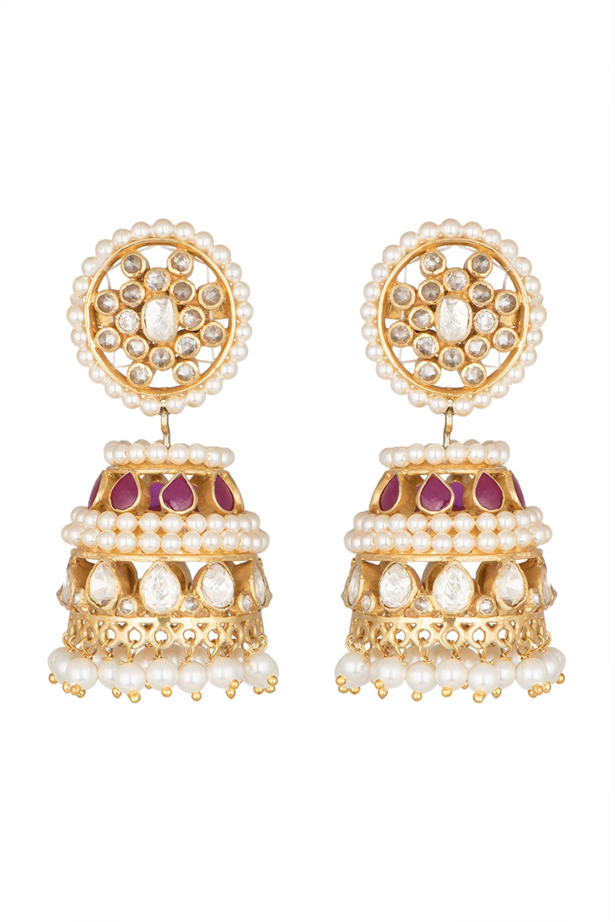 Gold Plated Moissanite Ruby & Pearl Jhumka Earrings In Sterling Silver