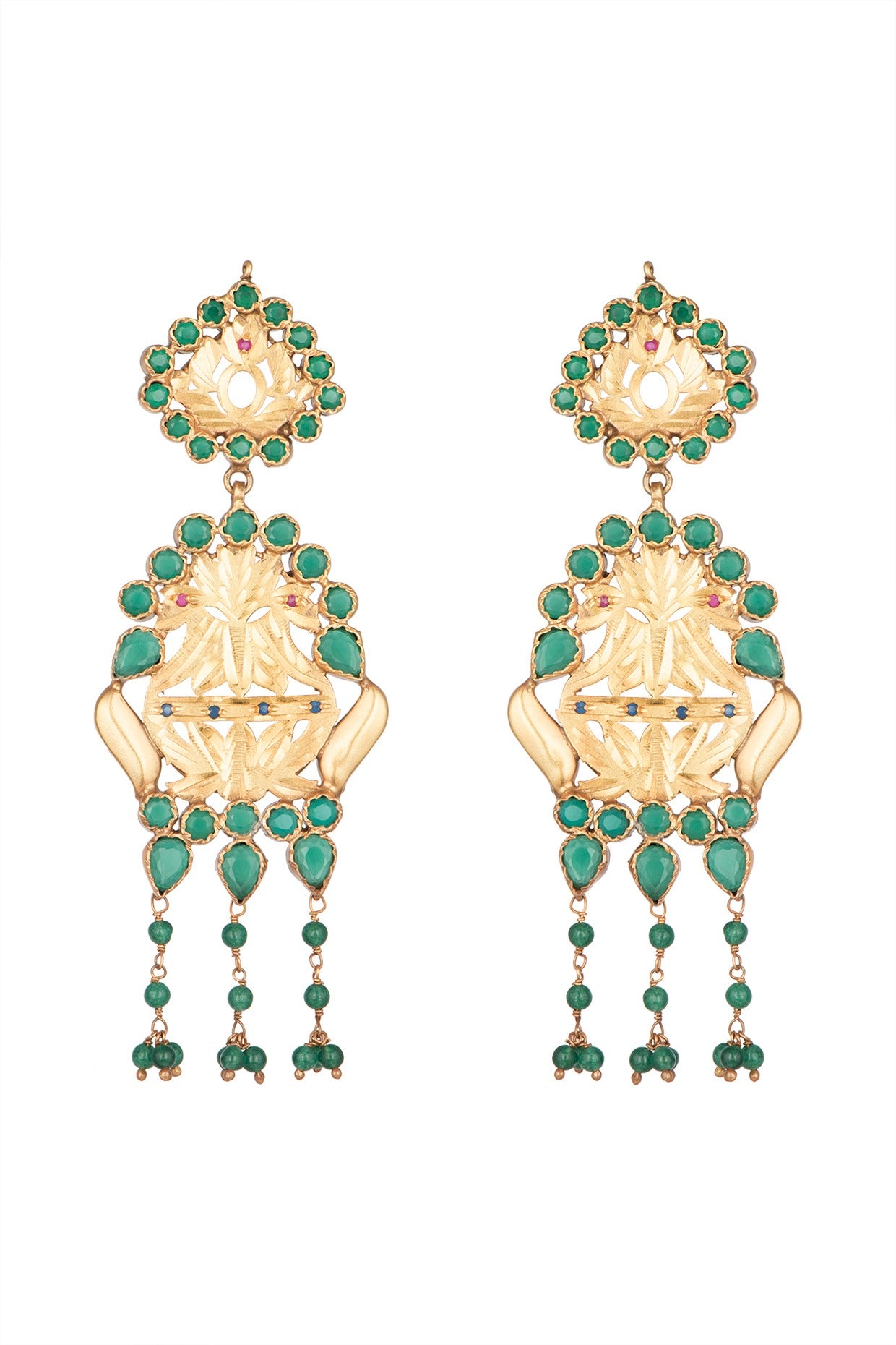 Gold Plated Emerald & Pearl Dangler Earrings In Sterling Silver