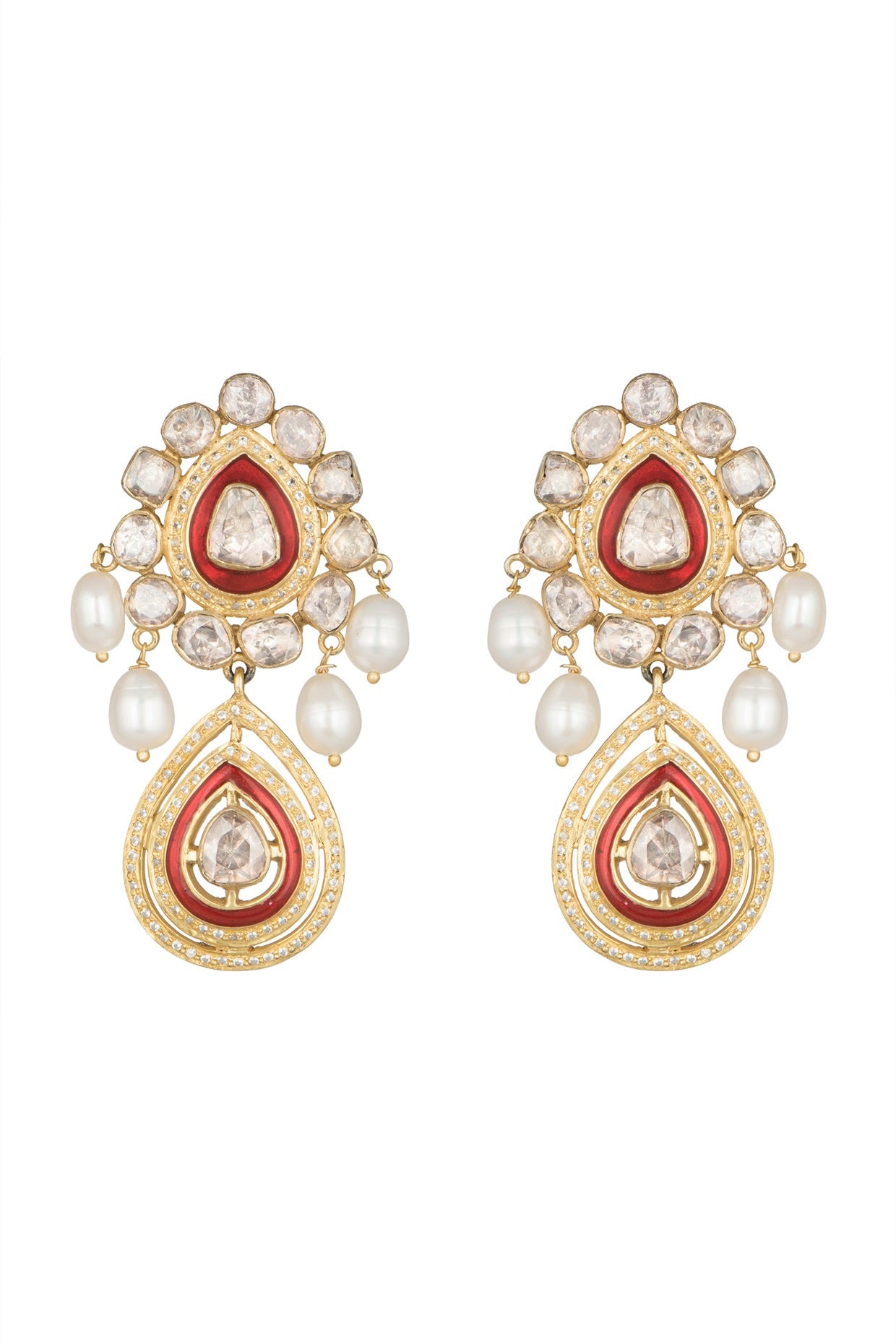 Gold Plated Moissanite Stone & Pearl Red Meenakari Dangler Earrings In Sterling Silver