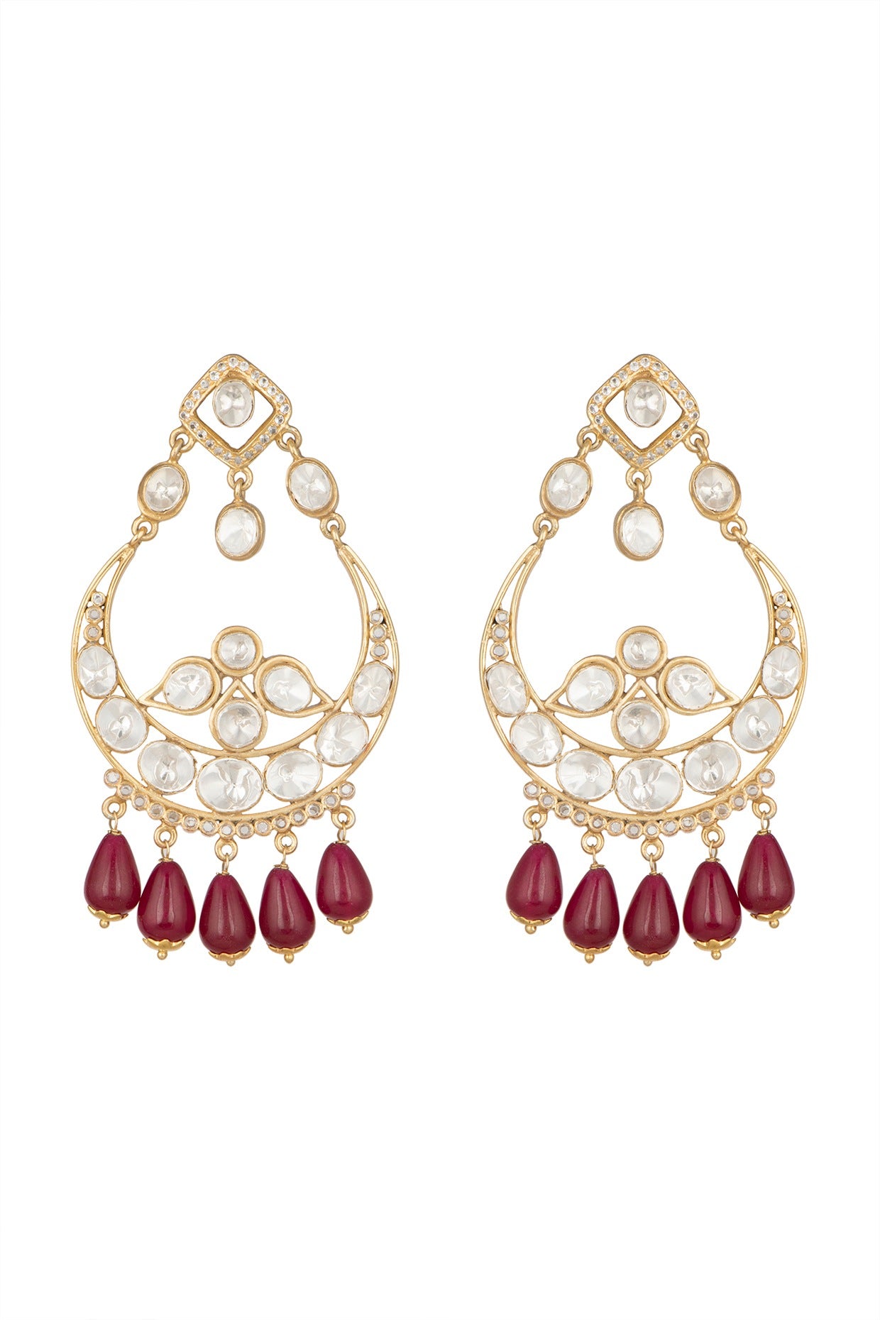 Gold Plated Moissanite Stone & Ruby Drop Chandbali Earrings In Sterling Silver