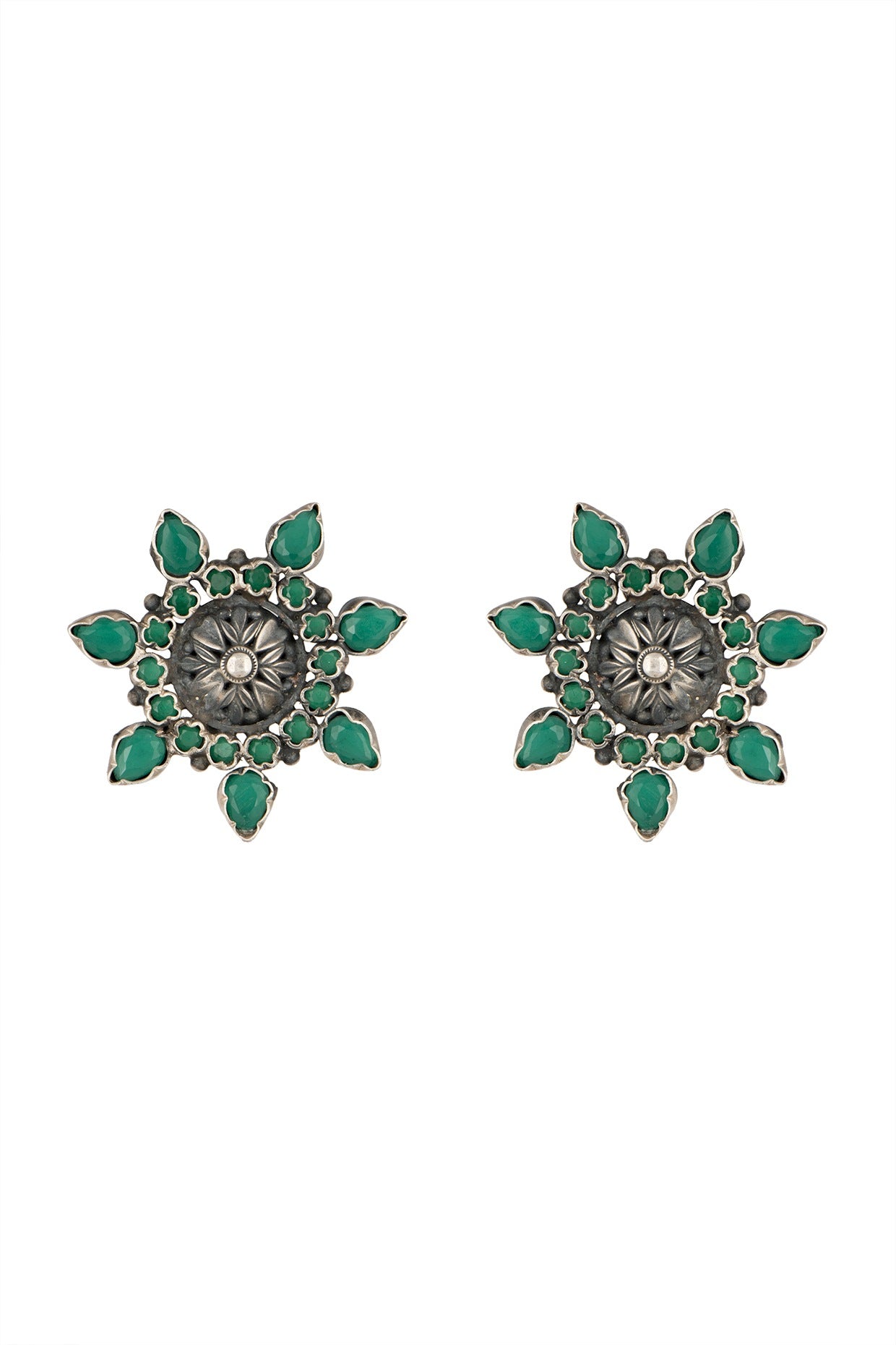 Silver Finish Emerald & Small Drop Stud Earrings In Sterling Silver