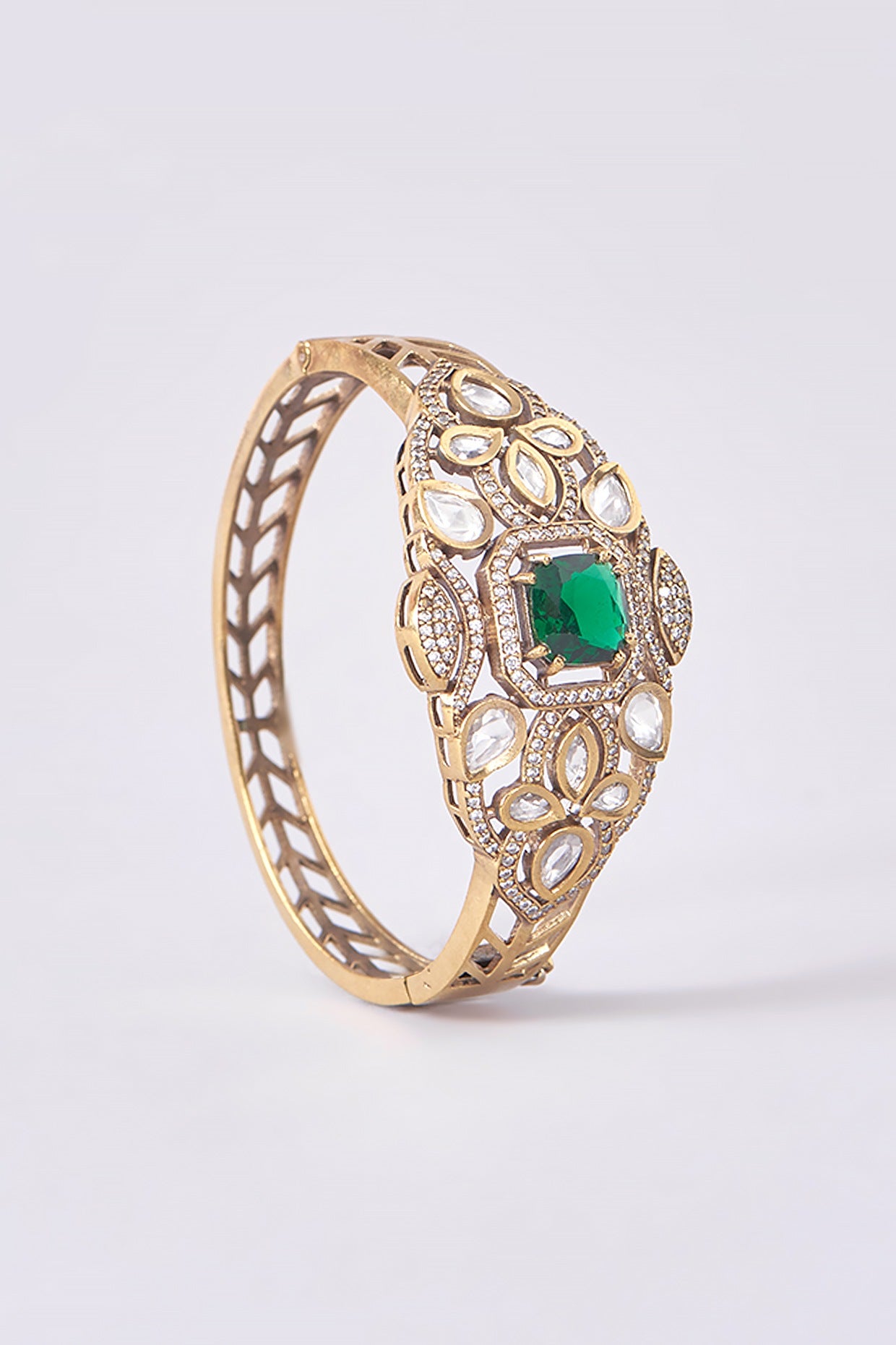 White Finish Diamond & Emerald Cuff