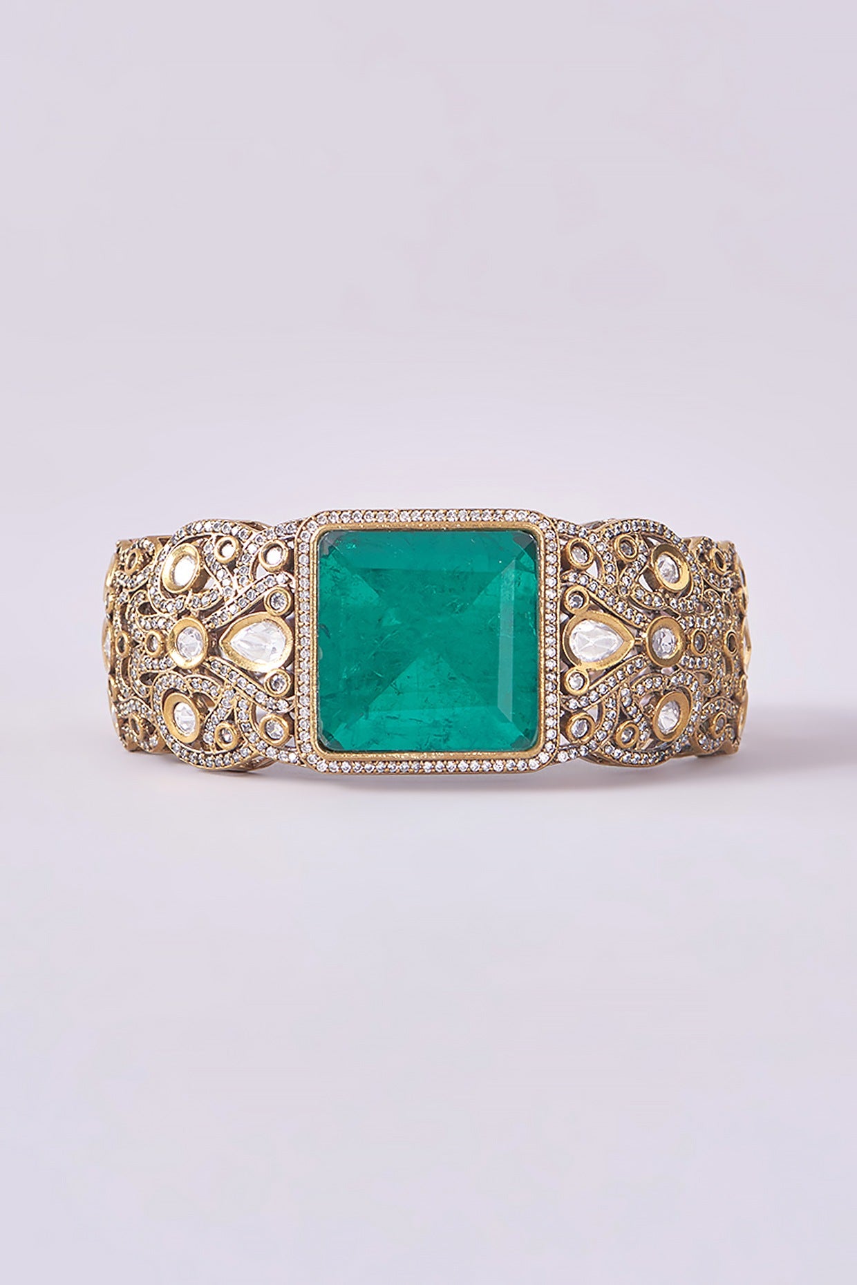 White Finish Diamond & Emerald Cuff