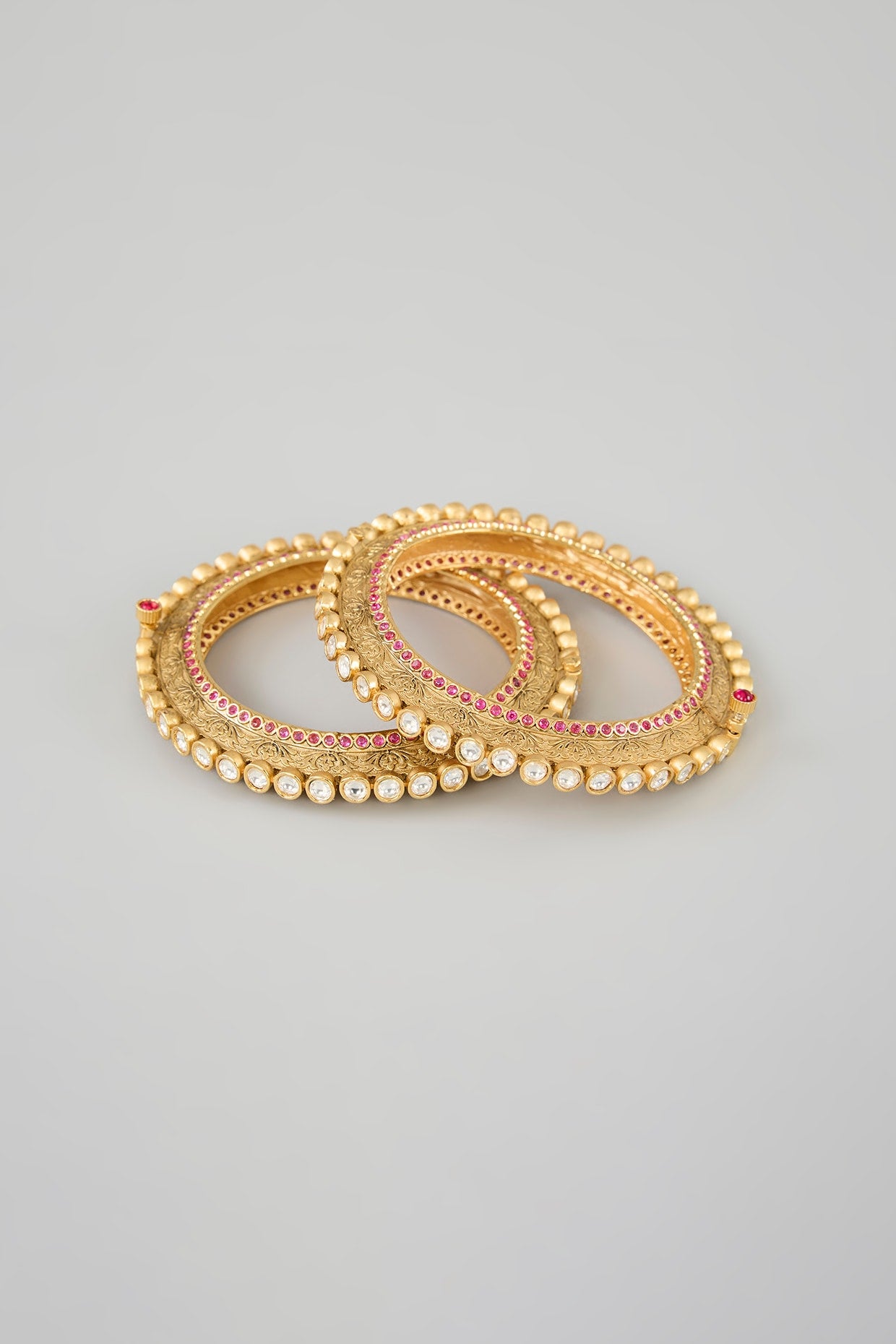 Gold Finish Kundan Polki & Pink Stone Kadas (Set Of 2)