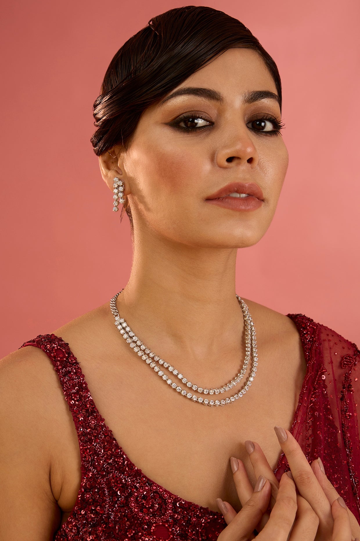 White Finish Diamond Layered Necklace Set