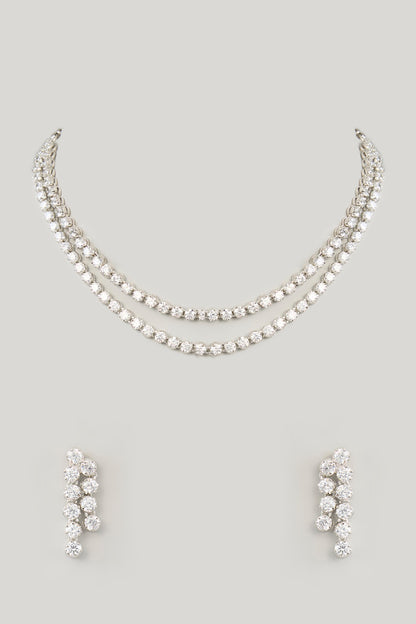 White Finish Diamond Layered Necklace Set