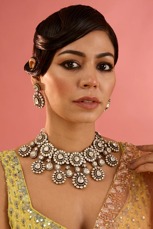 White Finish Kundan Polki Necklace Set