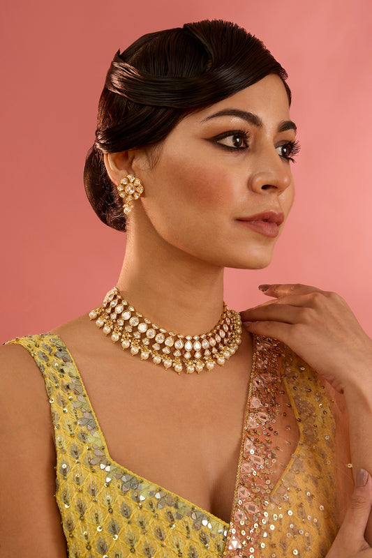 Gold Plated Kundan Polki & Pearl Drop Choker Necklace Set