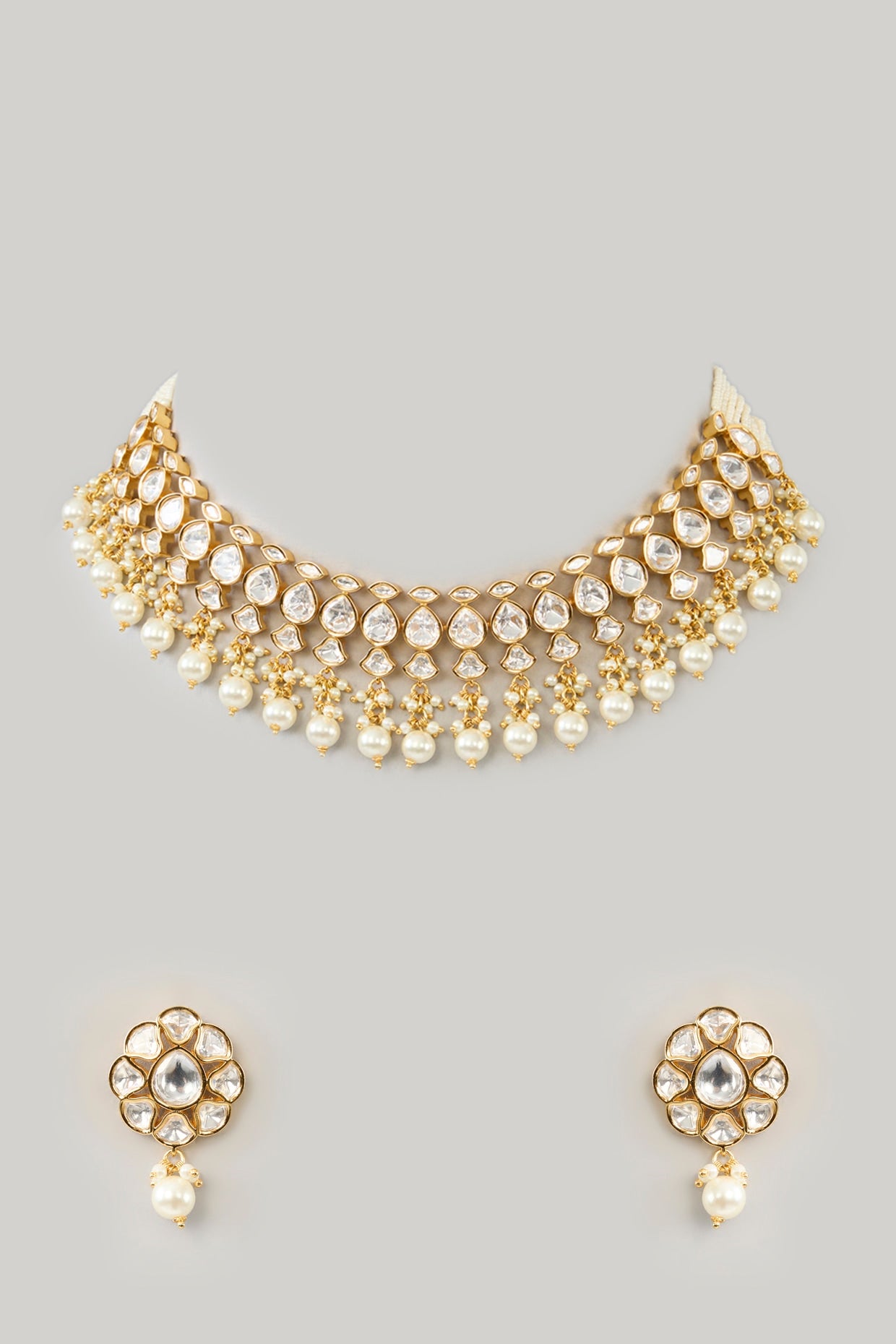 Gold Plated Kundan Polki & Pearl Drop Choker Necklace Set