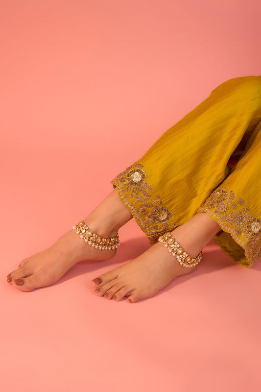 Gold Finish Kundan Polki & Pearl Drop Anklets