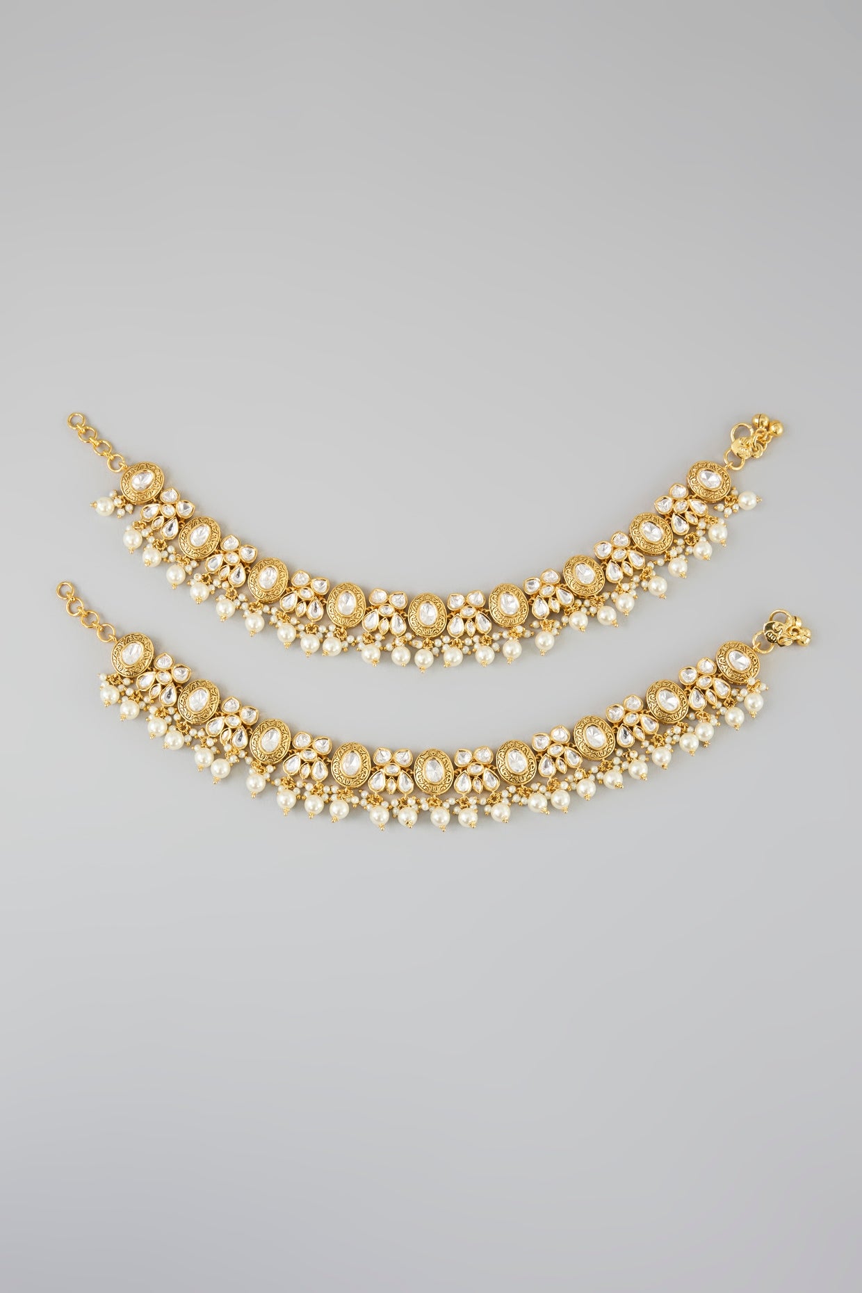 Gold Finish Kundan Polki & Pearl Drop Anklets