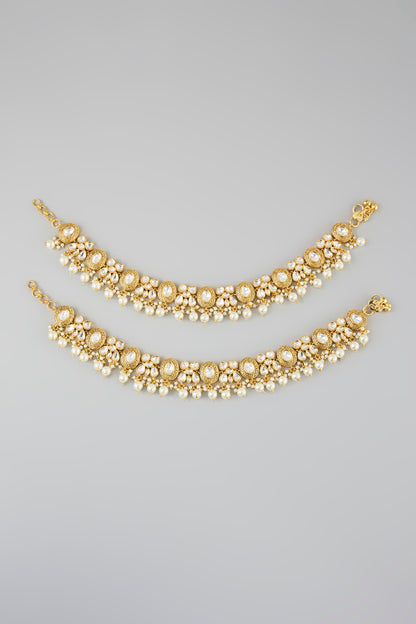 Gold Finish Kundan Polki & Pearl Drop Anklets